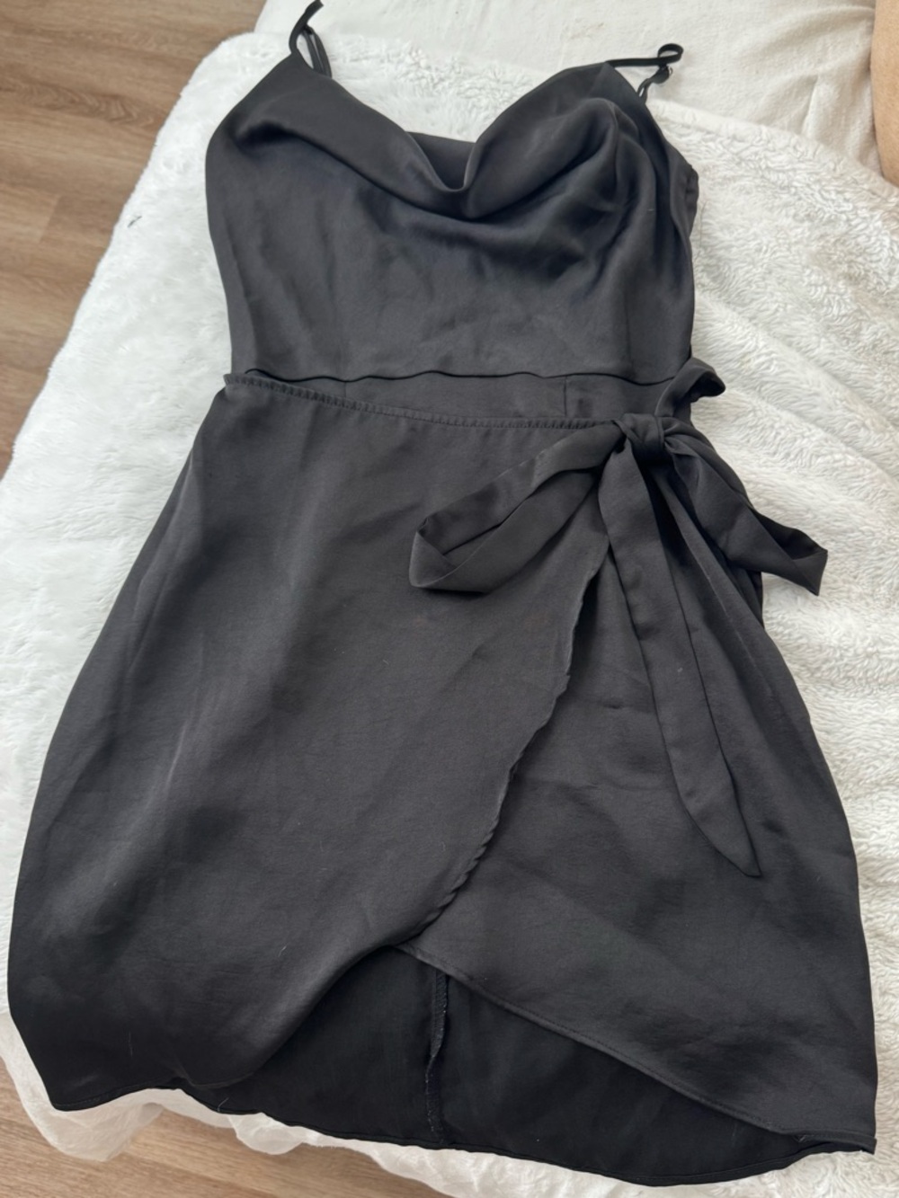 Black Cowl Neck Mini Dress with Wrap Tie - Women